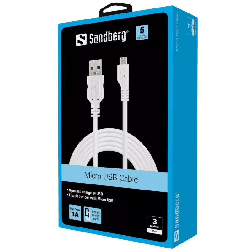 Sandberg MicroUSB sinchronizavimo / įkrovimo laidas 3 m, 3 m, USB A, Micro-USB B, USB 2.0, Vyr./Vyr., Balta