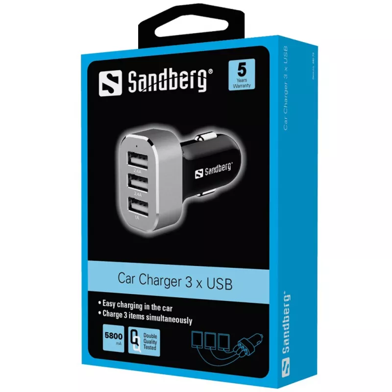 Sandberg kelių įrenginių automobilinis kroviklis su 3 USB prievadais, automobilinis, cigarečių degiklio lizdas, USB, 5 V, juoda, sidabrinė