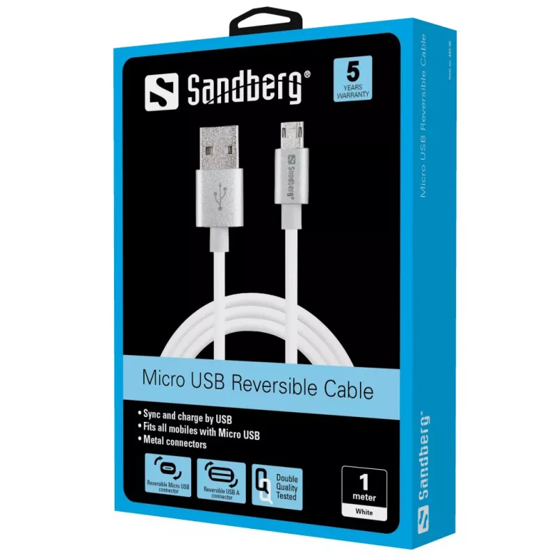 Sandberg MicroUSB reversinis laidas 1m, 1 m, USB A, Micro-USB A, sidabrinis, baltas