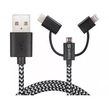Sandberg 3in1 Lightning+MicroUSB+USB-C 1m, 1 m, Micro-USB A, USB A, Male/Male, Juoda, Pilka
