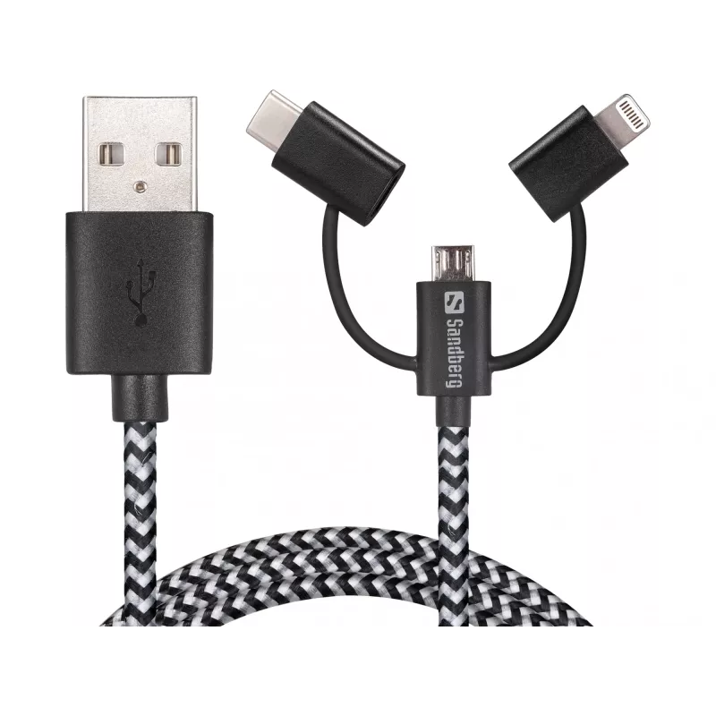Sandberg 3in1 Lightning+MicroUSB+USB-C 1m, 1 m, Micro-USB A, USB A, Male/Male, Juoda, Pilka