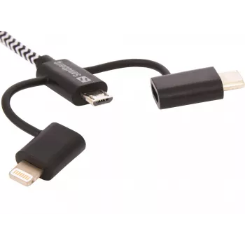 Sandberg 3in1 Lightning+MicroUSB+USB-C 1m, 1 m, Micro-USB A, USB A, Male/Male, Juoda, Pilka