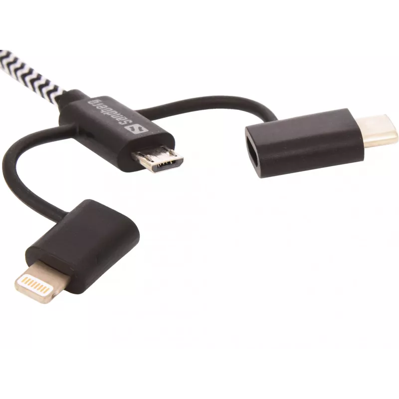 Sandberg 3in1 Lightning+MicroUSB+USB-C 1m, 1 m, Micro-USB A, USB A, Male/Male, Juoda, Pilka