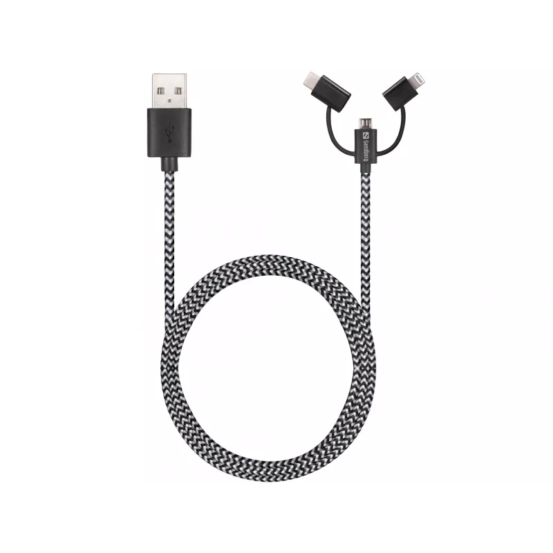 Sandberg 3in1 Lightning+MicroUSB+USB-C 1m, 1 m, Micro-USB A, USB A, Male/Male, Juoda, Pilka