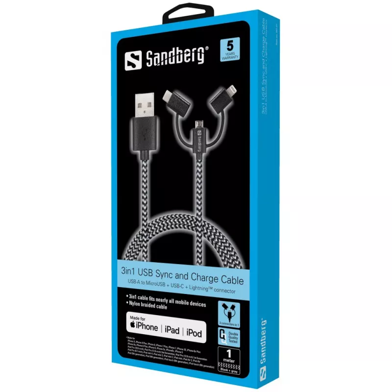 Sandberg 3in1 Lightning+MicroUSB+USB-C 1m, 1 m, Micro-USB A, USB A, Male/Male, Juoda, Pilka
