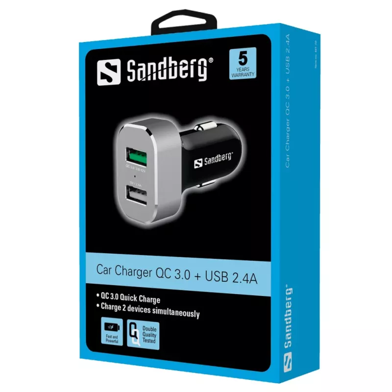 Sandberg automobilinis pakrovėjas 1xQC 3.0+1xUSB2.4A, automobilinis, cigarečių žiebtuvėlis, 12 V, aliuminis, juodas