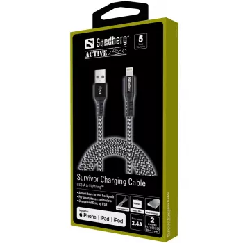 Sandberg Survivor Lightning kabelis 2M, 2 m, Lightning, USB A, vyriška, vyriška, juoda, pilka