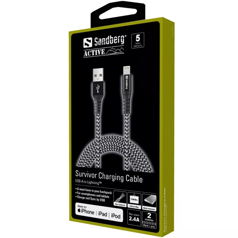 Sandberg Survivor Lightning kabelis 2M, 2 m, Lightning, USB A, vyriška, vyriška, juoda, pilka