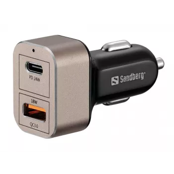 Sandberg automobilinis pakrovėjas 1xQC3.0+1xUSBC 24W, automobilinis, žiebtuvėlio lizdas, 12 V, juoda, pilka