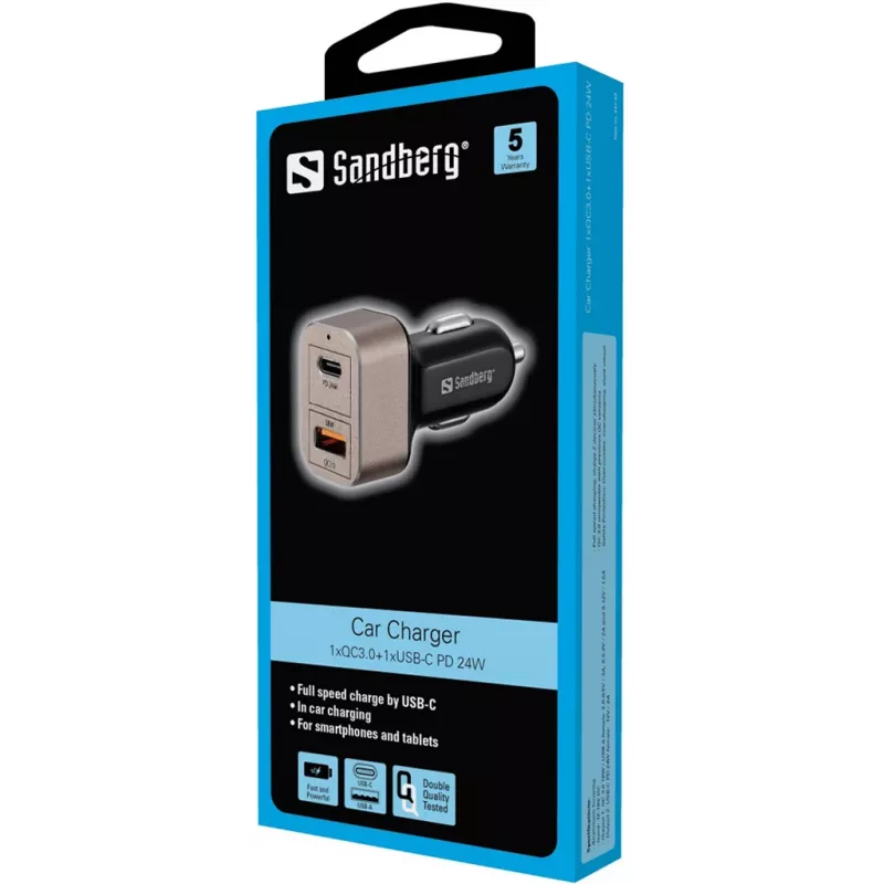 Sandberg automobilinis pakrovėjas 1xQC3.0+1xUSBC 24W, automobilinis, žiebtuvėlio lizdas, 12 V, juoda, pilka
