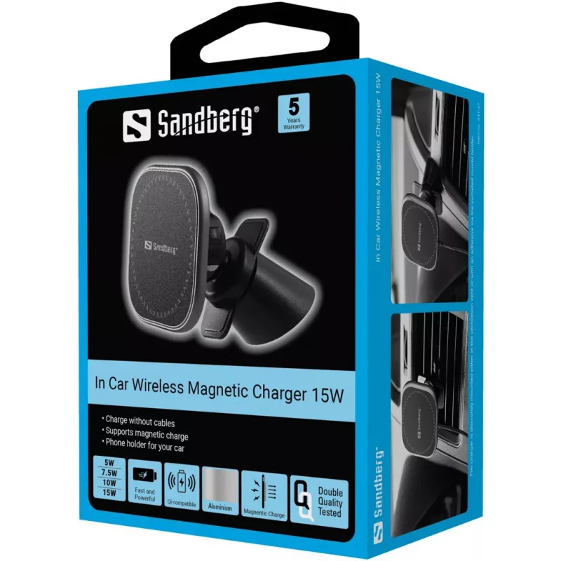 Sandberg In Car Wireless Magnetic Charger 15W, automobilinis, USB, belaidis įkrovimas, 1,2 m, juodas