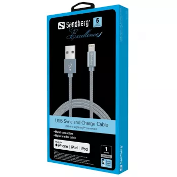 Sandberg Excellence Lightning pilkas 1 m, 1 m, Lightning, USB A, pilkas, tiesus, tiesus