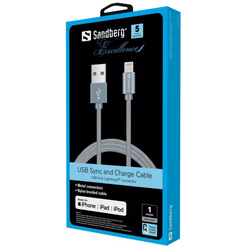 Sandberg Excellence Lightning pilkas 1 m, 1 m, Lightning, USB A, pilkas, tiesus, tiesus