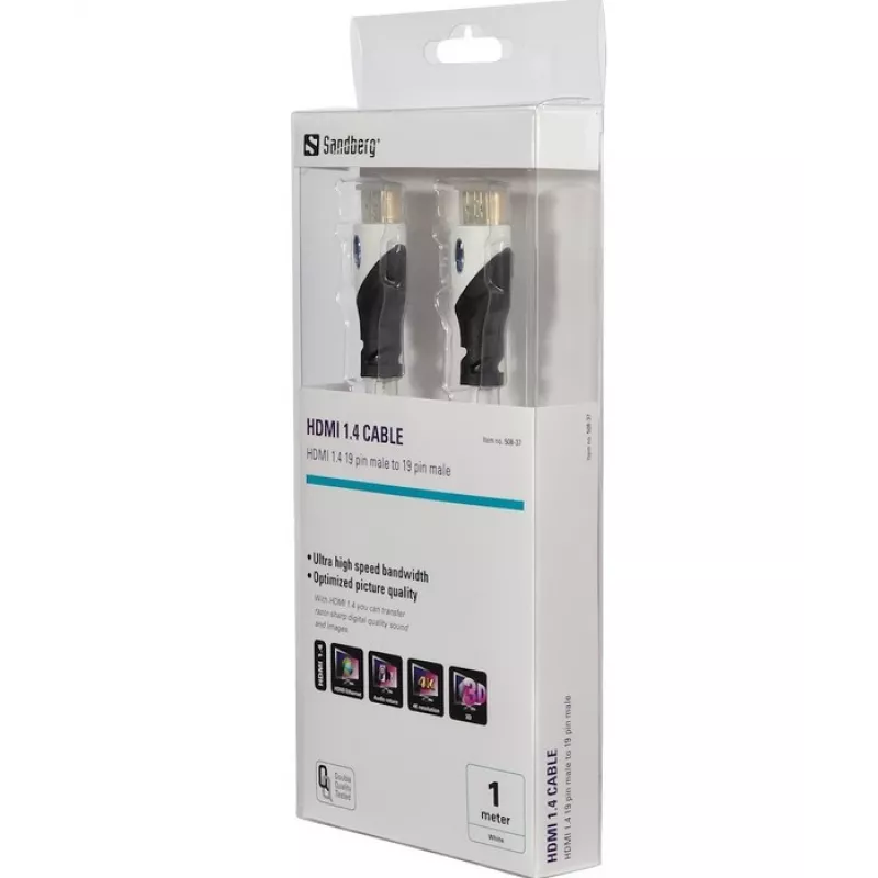 Sandberg HDMI 1.4 19M-19M, 1m, 1 m, HDMI tipas A (standartinis), HDMI tipas A (standartinis), juoda, balta