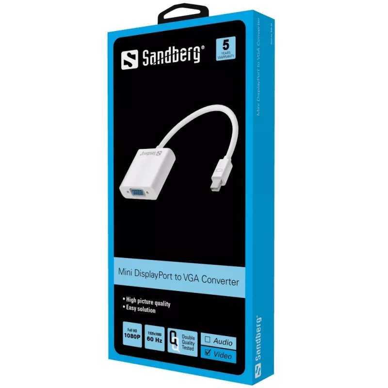 Sandberg Adapteris Mini DisplayPort>VGA, Mini DisplayPort, VGA (D-Sub), Vyr., Mot., 1920 x 1080 pikselių, 1920 x 1080 (HD 1080)