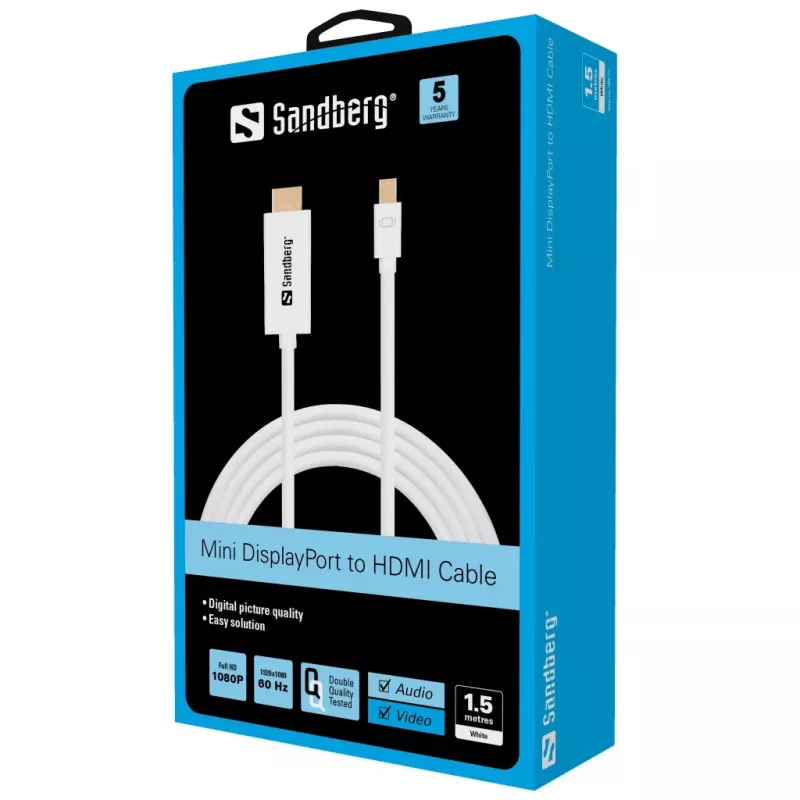 Sandberg kabelis MiniDP>HDMI 1,5 m, 1,5 m, mini DisplayPort, HDMI, vyriškas, vyriškas, baltas