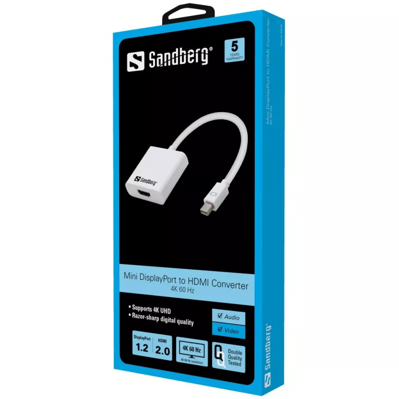 Sandberg adapteris MiniDP1.2>HDMI2.0 4K60, Mini DisplayPort, HDMI, kištukas, lizdas, 3840 x 2160 pikselių, 6 Gbit/s