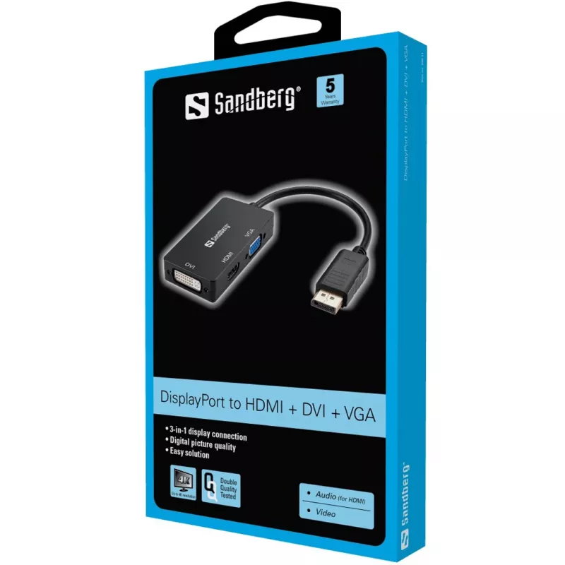 Sandberg adapteris DP>HDMI+DVI+VGA, 0,19 m, DisplayPort, VGA (D-Sub)+ HDMI + DVI, vyriška, moteriška, 3840 x 2160 pikselių