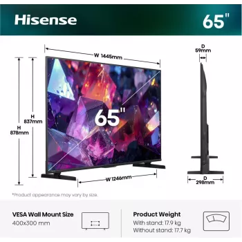 Hisense 65E7S PRO televizorius 165,1 cm (65 col.) UHD+ išmanusis TV Wi-Fi juodas 350 cd/m²