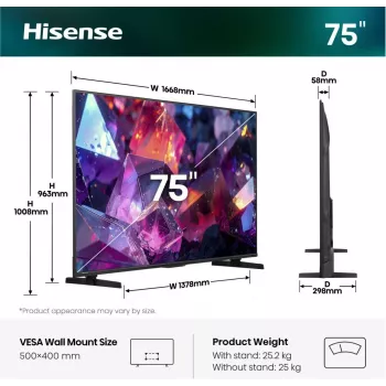 Hisense 75E7S PRO TV 190,5 cm (75 col.) UHD+ Išmanusis televizorius Wi-Fi Juodas 350 cd/m²