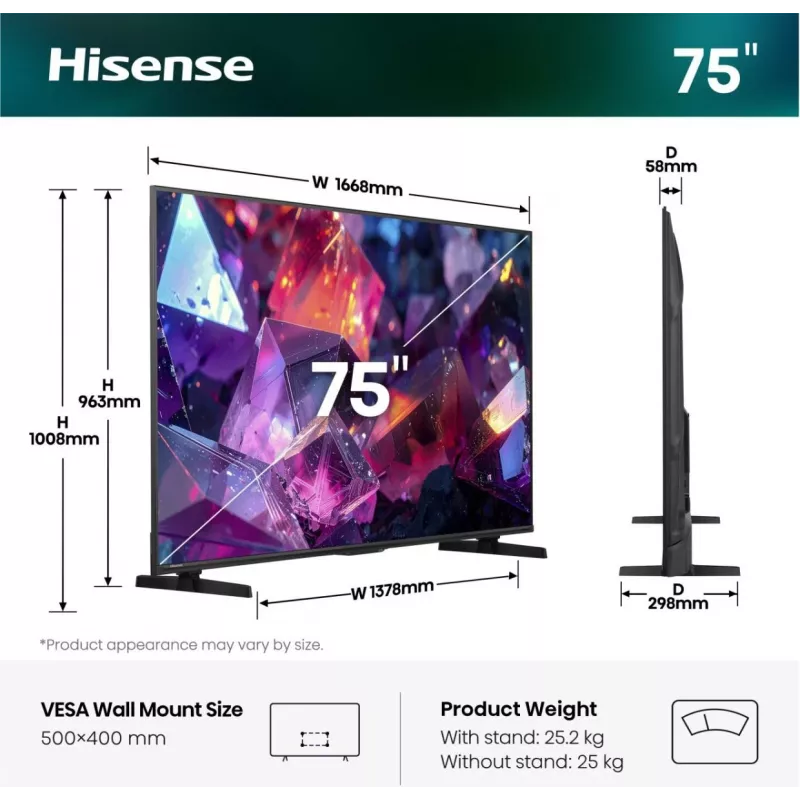 Hisense 75E7S PRO TV 190,5 cm (75 col.) UHD+ Išmanusis televizorius Wi-Fi Juodas 350 cd/m²