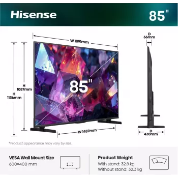 Hisense 85E7S PRO TV 2,16 m (85 col.) UHD+ Išmanusis televizorius Wi-Fi Juoda 400 cd/m²