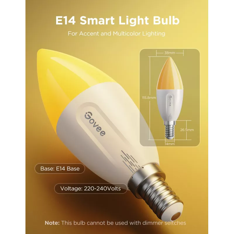 LED lemputė Govee B600CCC1 RGBWW E14, 2 vnt. — išmania spalvų keitimo šviesa, nuo šiltos iki šaltos baltos