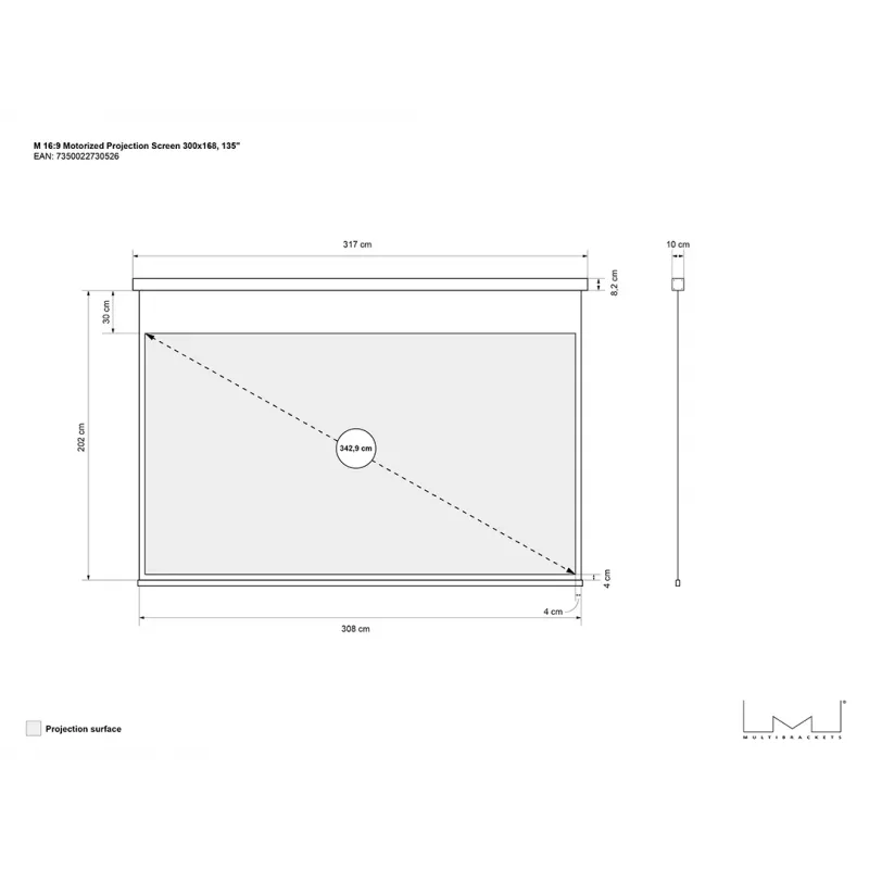 Motorizuotas projekcinis ekranas MULTIBRACKETS M 16:9 135 col. (300x168) matinė balta