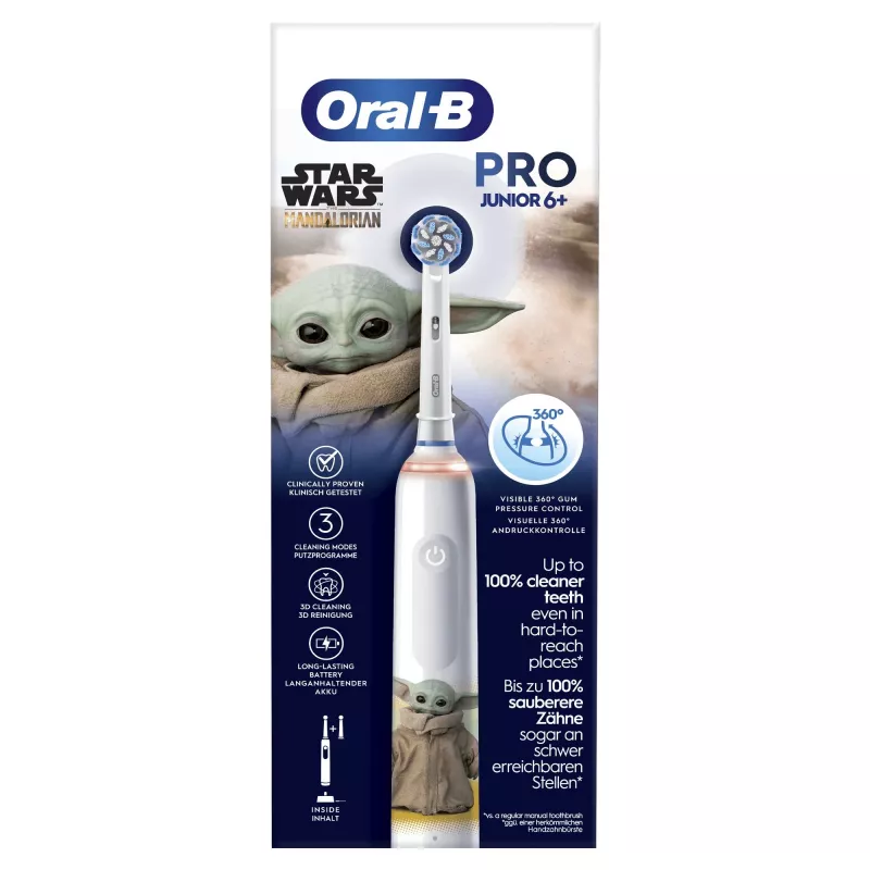 Oral-B PRO Junior Star Wars, Vaikams, Rotacinis dantų šepetėlis, Kasdienė priežiūra, Poliravimas, Jautriems dantims, Įvairiaspalvis, Baltas, 4 x 30 sek., Minkšti šereliai