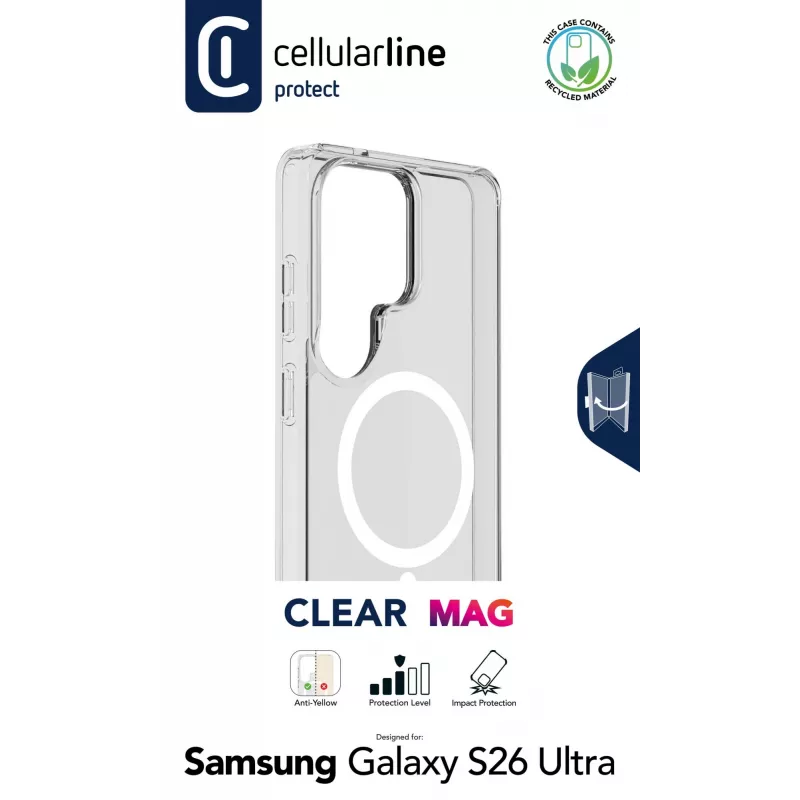 Cellularline Clear Mag - Galaxy S26 Ultra Itin atsparus permatomas dėklas su guminiu kraštu, suderinamas su Qi2 ekosistema ir magnetiniais priedais, apdorotas, kad nesigelstų.