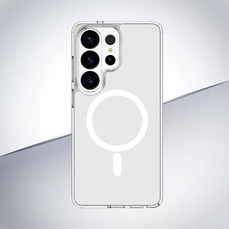 Cellularline Clear Mag - Galaxy S26 Ultra Itin atsparus permatomas dėklas su guminiu kraštu, suderinamas su Qi2 ekosistema ir magnetiniais priedais, apdorotas, kad nesigelstų.