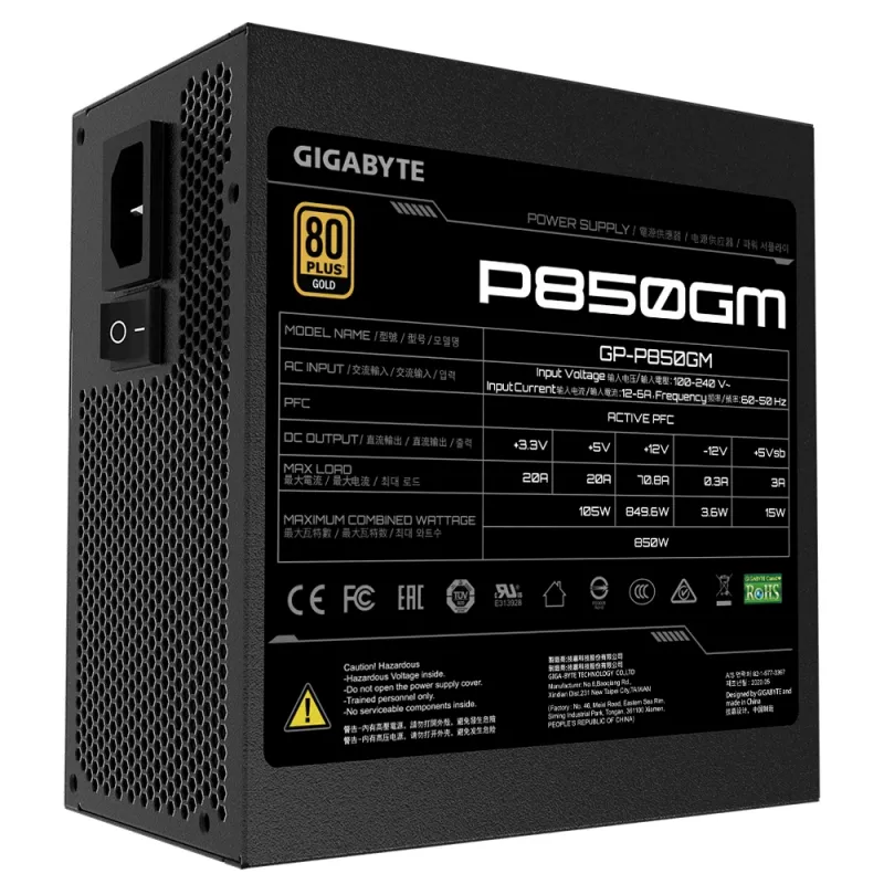 GIGABYTE P850GM maitinimo blokas 850 W 20+4 kontaktų ATX ATX juodas