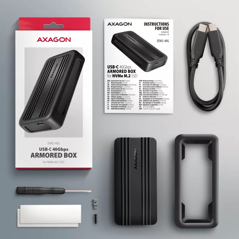 Axagon EEM2-40G USB-C 40Gbps M.2 NVMe SSD korpusas, ARMORED aliuminis