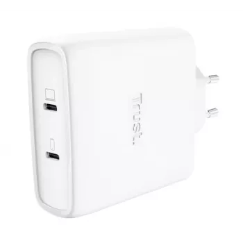 Įkroviklis TRUST Maxo 100W 2 prievadų USB-C GaN — 100 W, 2x USB-C, maks. 20 V, AC patalpoms, 2 m kabelis, balta