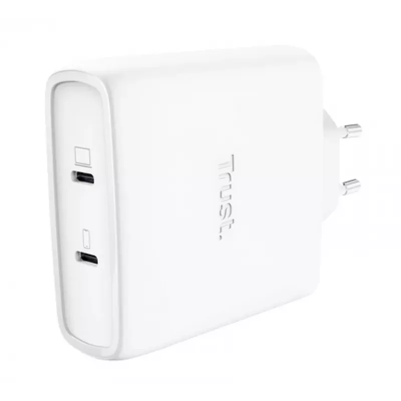 Įkroviklis TRUST Maxo 100W 2 prievadų USB-C GaN — 100 W, 2x USB-C, maks. 20 V, AC patalpoms, 2 m kabelis, balta