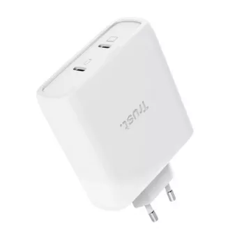 Įkroviklis TRUST Maxo 100W 2 prievadų USB-C GaN — 100 W, 2x USB-C, maks. 20 V, AC patalpoms, 2 m kabelis, balta