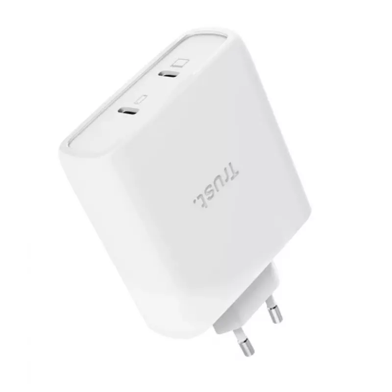 Įkroviklis TRUST Maxo 100W 2 prievadų USB-C GaN — 100 W, 2x USB-C, maks. 20 V, AC patalpoms, 2 m kabelis, balta