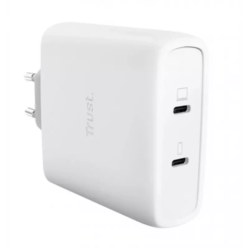 Įkroviklis TRUST Maxo 100W 2 prievadų USB-C GaN — 100 W, 2x USB-C, maks. 20 V, AC patalpoms, 2 m kabelis, balta