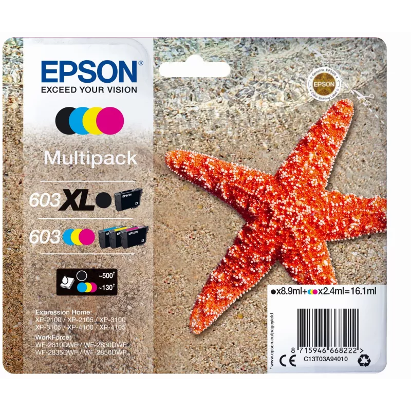 Epson 603 XL rašalo kasetė 1 vnt. Originali Didelio (XL) našumo Juoda, Žydra, Purpurinė, Geltona