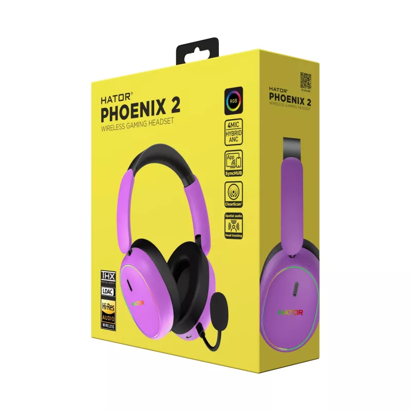 HATOR Phoenix 2 belaidžio laisvų rankų įranga laidinė ir belaidė juostinė žaidimų USB Type-C / USB Type-A Bluetooth violetinė