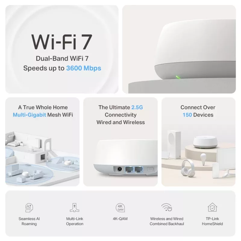 TP-Link BE3600 viso namo tinklinio „Wi-Fi 7“ sistemos rinkinys, 2,5G kelių gigabitų