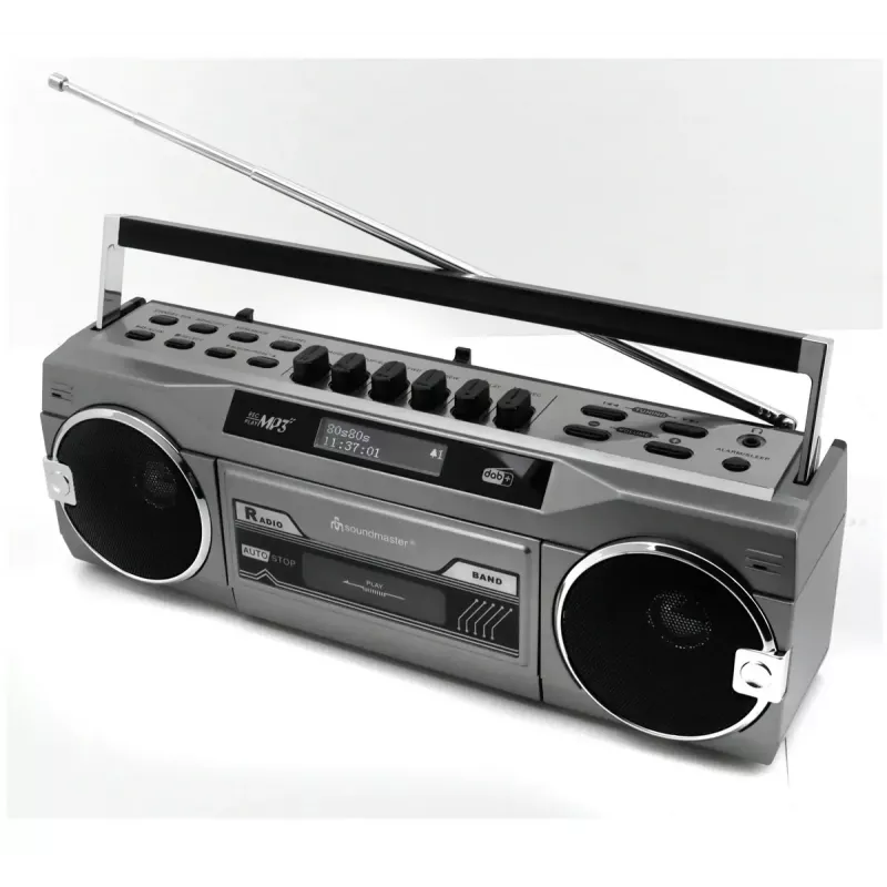 Nešiojamasis kasetinis grotuvas Soundmaster SRR80TI su DAB+ ir FM, LCD ekranu, 3 W RMS, 3,5 mm ausinių lizdu, maitinamas baterijomis / 230 V