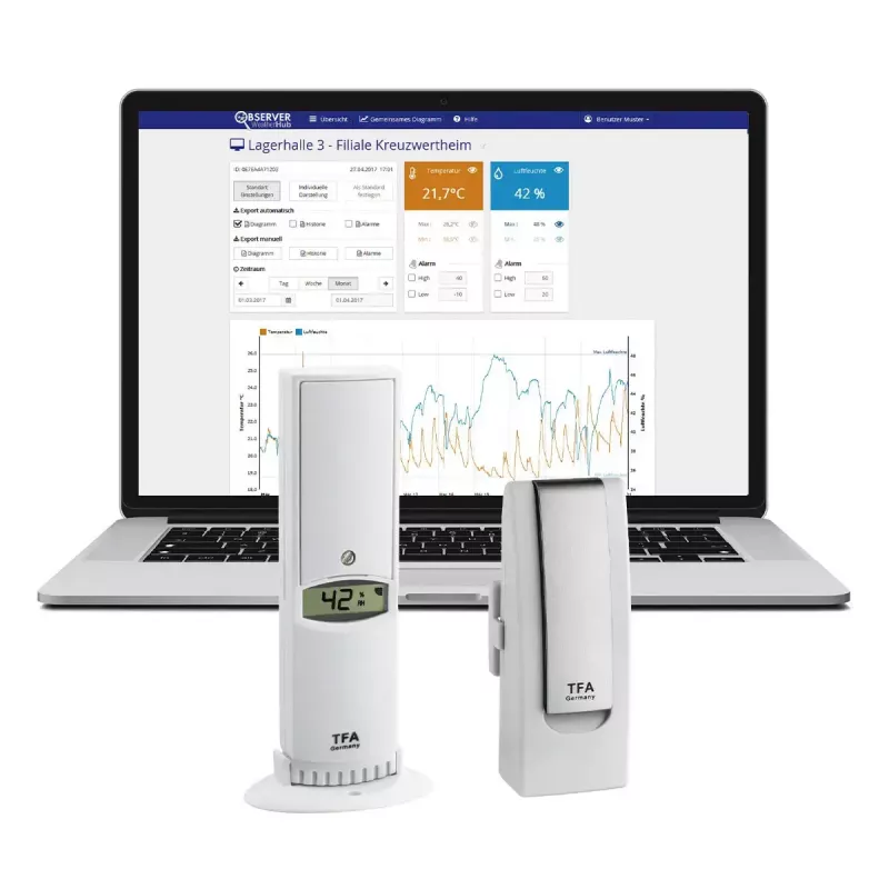 Aplinkos jutiklis tfa dostmann WeatherHub išmanieji namai belaidis — drėgmė ir temperatūra, Wi‑Fi, AC/baterija (AA), 40×28×104 mm