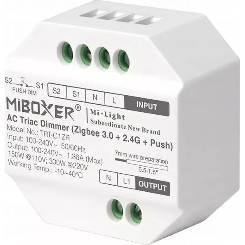 LED apšvietimo valdiklis MiBoxer TRI-C1ZR ZigBee 2.4GHz — išmanusis RGB/RGBW valdymo modulis