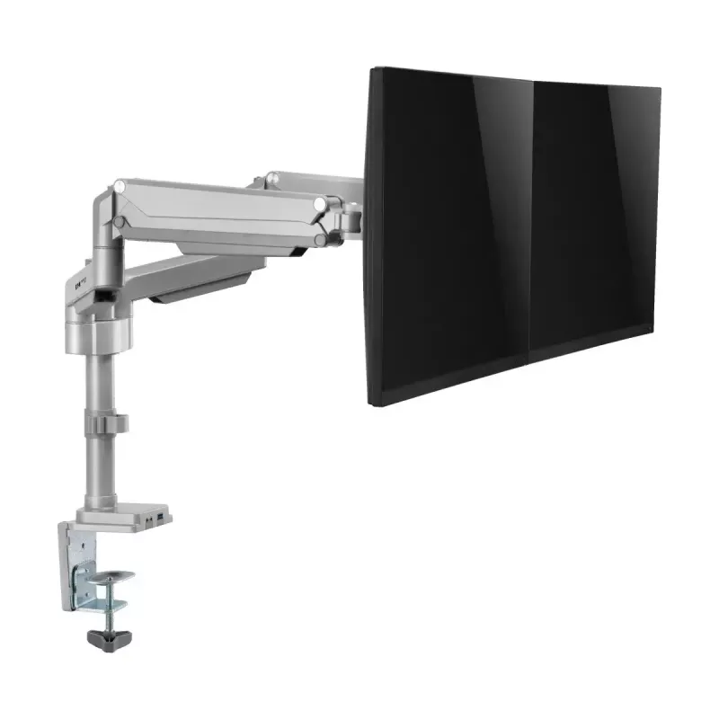 Dviejų ekranų dujinės svirties monitoriaus laikiklis Tripp Lite (EATON) DDR1732DAL 13–34 colių ekranams, spaustuvas arba kiauryminis, USB ir garso prievadai, sidabrinis