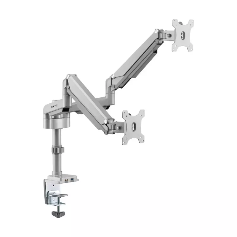 Dviejų ekranų dujinės svirties monitoriaus laikiklis Tripp Lite (EATON) DDR1732DAL 13–34 colių ekranams, spaustuvas arba kiauryminis, USB ir garso prievadai, sidabrinis