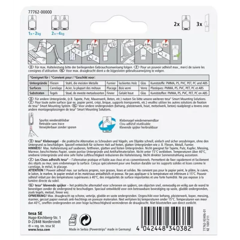 Universalus vidaus laikymo kablys Tesa 77762-00000-01 — baltas, 2 vnt. pakuotėje