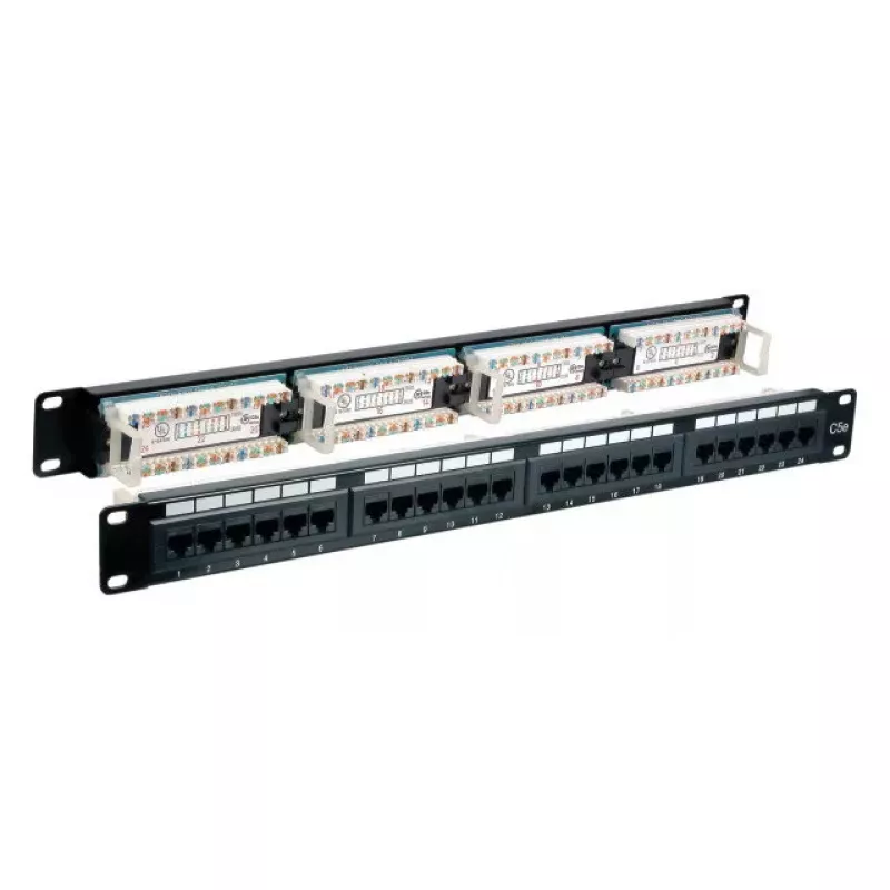 Patch panel EFB Elektronik 37585.1, 24 prievadų RJ-45, 1U stovo, 5000 Mbit/s, auksiniai kontaktai, juodas