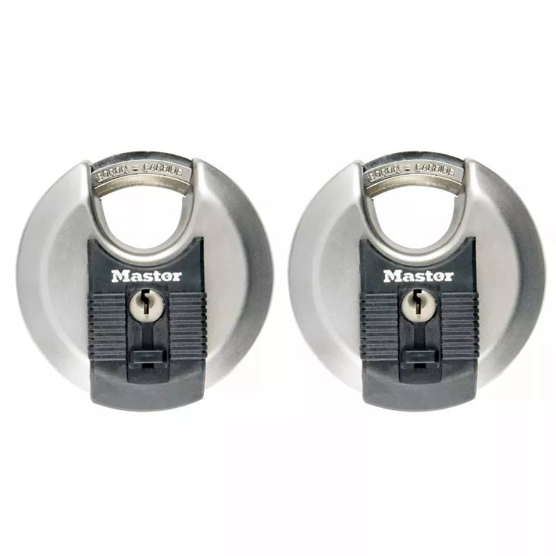 Diskinė spyna MASTER LOCK 70mm nerūdijančio plieno, vienodo rakto, 2 vnt. pakuotė