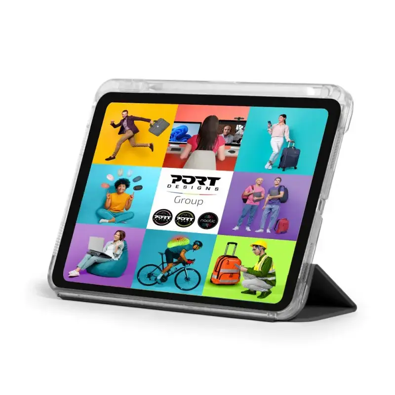 Planšetinio kompiuterio apverčiamas dėklas Port Designs 201350, skirtas iPad 10,9 colio (27,7 cm), PET, 3 stovėjimo režimai, juodas / permatomas